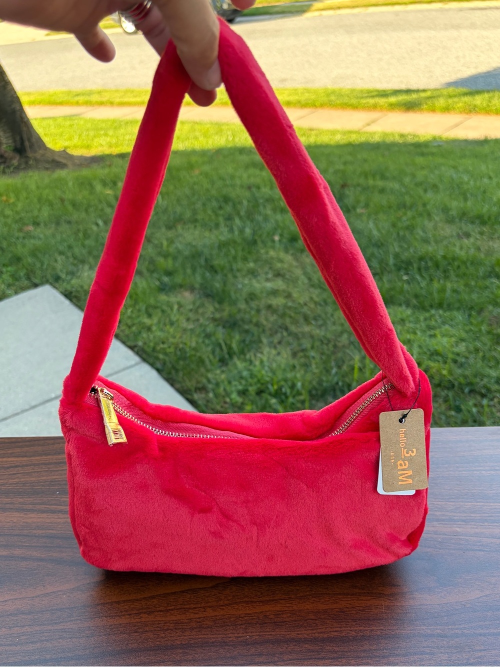 Hello 3 AM Red Faux Fur Clutch Crossbody Purse Soft Plush Gold Hardware NWT